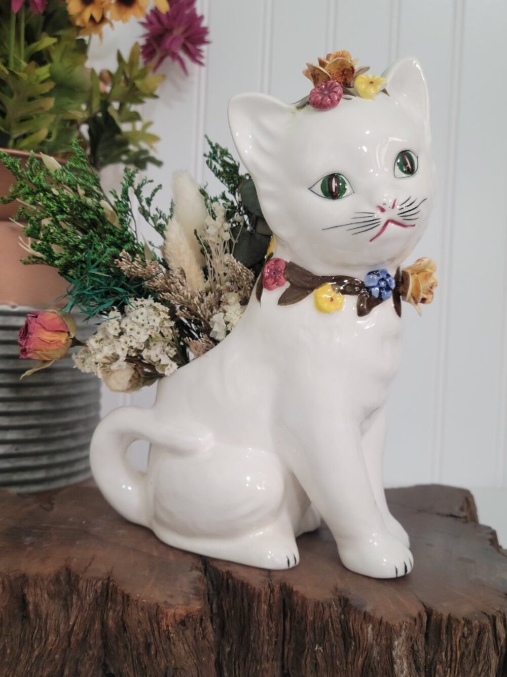 Vtg Retro Kitschy MCM Cottagecore White Ceramic Cat Kitten 3D Floral Planter - Picture 7 of 12